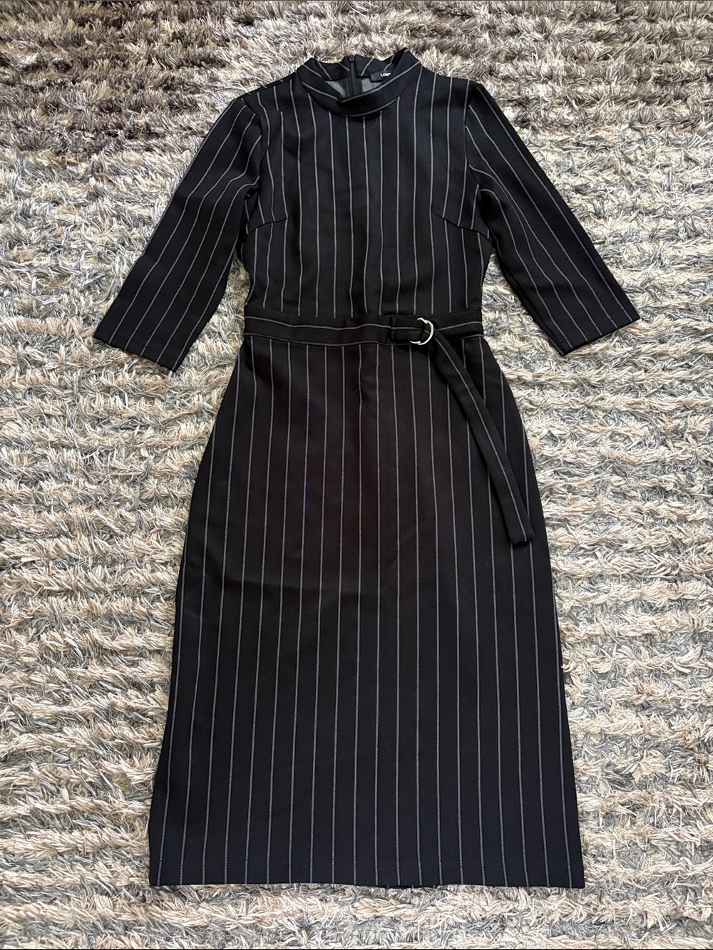 LONYUASH Heavy Knit Black Pinstripe Belted Mock Neck Midi Dress Small